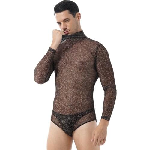 Men Brown Leopard Print Sheer Turtleneck Bodysuit Long Sleeve Sexy See-through Mesh Rompers Jumpsuit Leotard Sleepwear Clubwear