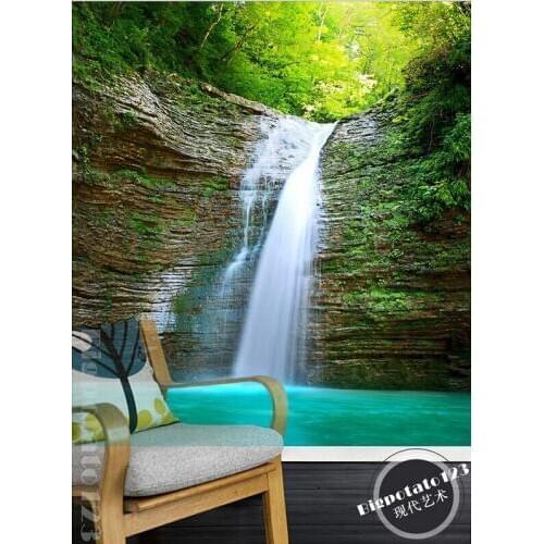 The latest 3D murals,dream fresh green forest waterfall scenery. Living room, sofaTV background wall, bedroom wall paper