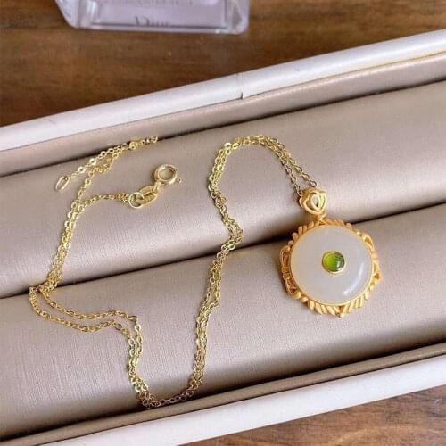 New silver inlaid natural Hetian white jade pendant necklace Chinese style retro unique ancient gold craft charm womens jewelry