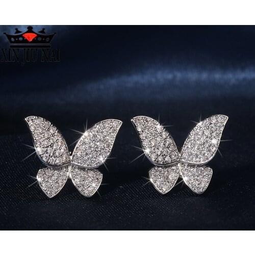 New style elegant charm butterfly shape Diamond Earrings white gold flowers small fresh lovely womens brand jewelry