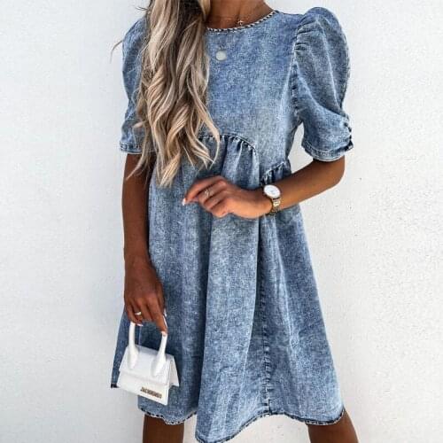 Casual O Neck Loose Denim Dress Women 2021 Summer Elegant Puff Sleeve Jean Mini Dresses Fashion Simple A-Line Dress Vestidos 2XL