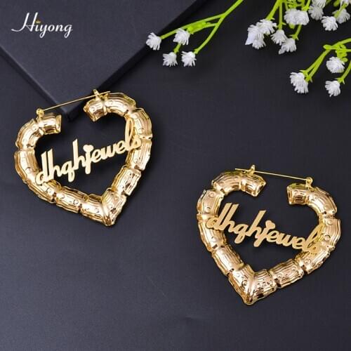 70/90mm Custom Earrings Love shape Hiphop Bamboo Hoop Earrings Customizable Heart Customize Name Earrings for Women Girls