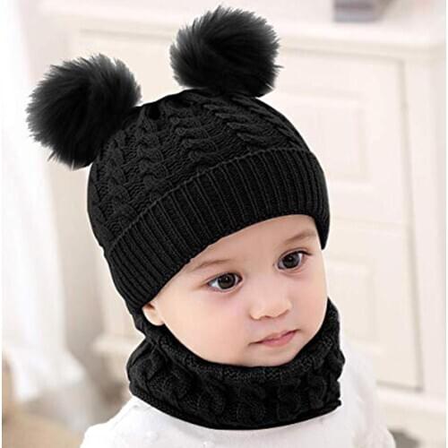 Kids Winter Hats Ears Girls Boys Children Warm Caps Baby Winter Double-Pompom Braid Knitted Hat Beanie Warm Neck Scarf Set