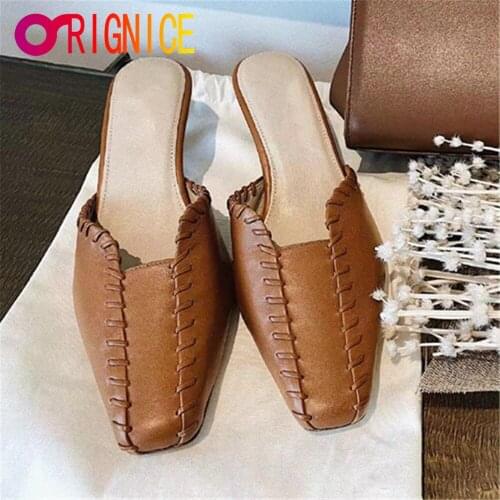 Orignice Mature Square Toe Mules Women Spring Summer Slides Slippers Fashion Genuine Leather Mid Heels Holiday Dress Shoes