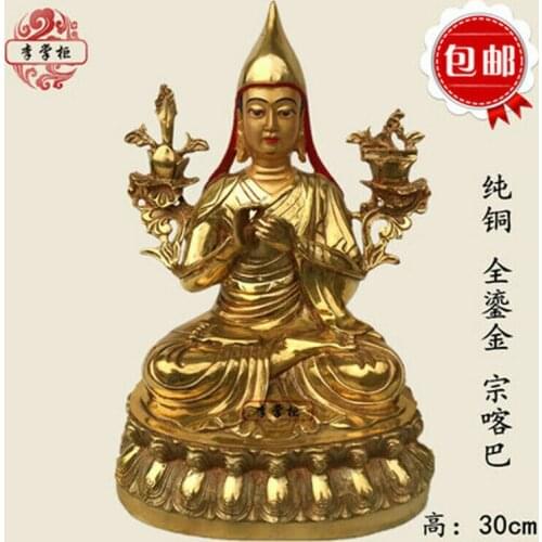 12"/30cm Handpainted Gilt Bronze Statue Buddha Divinity Rinpoche Tsongkhapa
