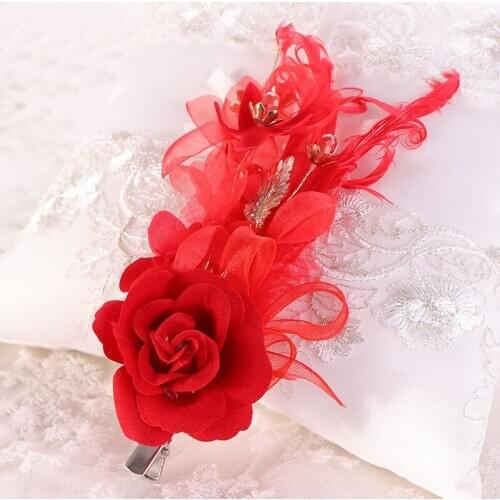 New Fashion Chinese Red Flower Leaf Feather Hairpins Clips Women Girls Hair Ornaments Bride Noiva Wedding Dress Hair Decor