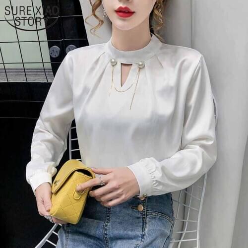 Korean Satin Long Sleeve Elegant Autumn Shirt Ladies Solid Color Chiffon V-shaped Hollow Pearl Neckline Stand Collar Tops 12061