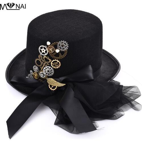 DIY Gothic Victorian Steampunk Black Top Hat for Male & Female Gears Wing Key Hats With Veils Bowknot Punk Hat Accessories