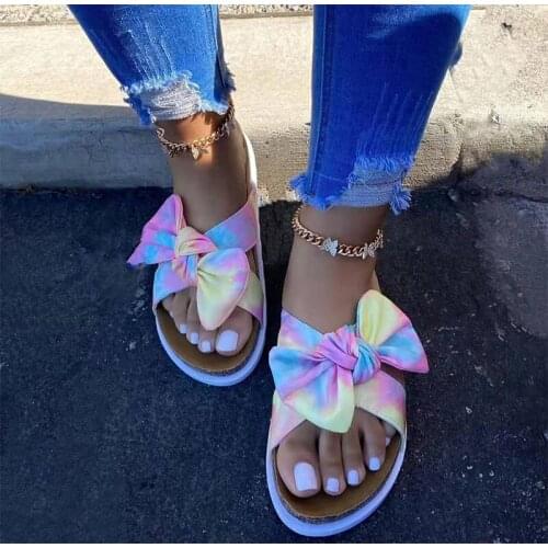 Women Bowtie Slippers Woman Leopard Slides Womens Rainbow Color Flats Female Summer Beach Shoes Ladies Cross Footwear Plus Size