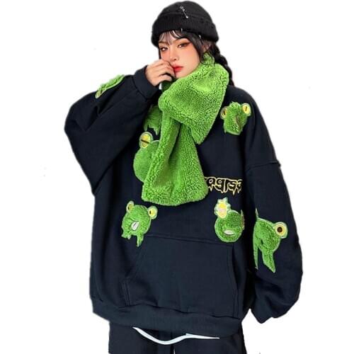 Autumn Winter Sweet Girls Plush Frog Embroidery Oversized Hoodie Women Kawaii Streetwear Matching Scarf Pullover Sweatshirt
