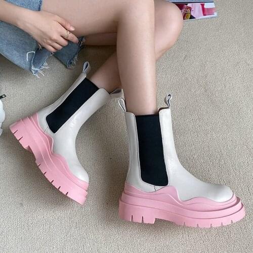 2021 Platform Women Shoes Fashion Mixed Colors Genuine Leather Ankle Boots Ladies Slip On Round Toe Autumn Winter Short Boots