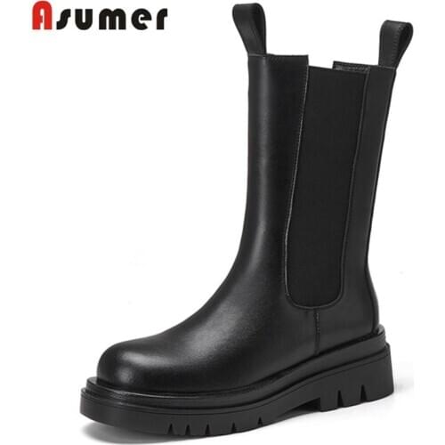 Asumer 2021 Hot Sale Winter Chelsea Boots Women Thick Bottom Casual Shoes Genuine Leather +Pu Ankle Boots Women Snow Boots