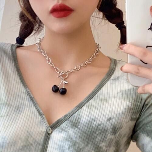 Women Elegant Black Cute Cherry Pendant Necklace Short Choker Handmade Silver Plated Thick Chain Fruit Pendant Clavicle Chain