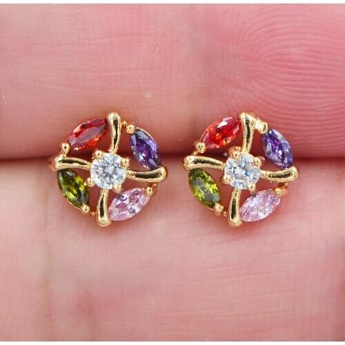 Fashion Jewelry Gold Color Rainbow Zircon Colorful Round CZ Stud Earrings for Women