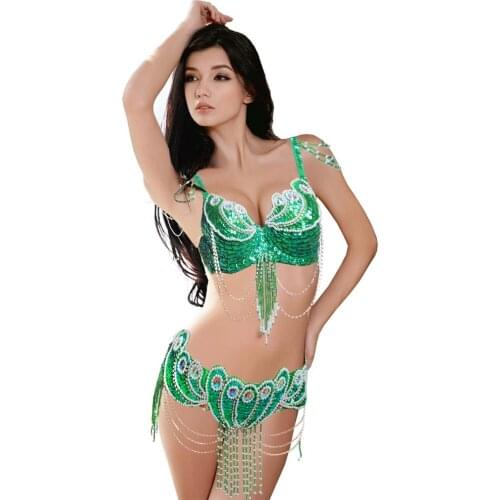 Women Sexy Belly Dance Top Bra & Beaded Belt 2 Pieces Belly Dance Costume Outfit Set Bras Belt Female Bollywood Dance Clothes