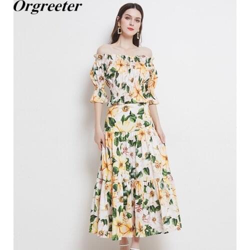 Summer New Camellia Printted Cropped Tops and Long Maxi Skirt Two piece Sets Female Off shoulder Elastic Tops Skirt Suits