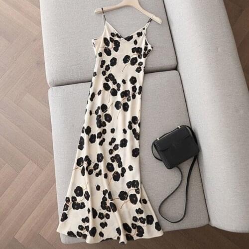 SURUFENG Fashion Quality Womens Print Flower Satin Dress Summer Long Spaghetti Strap Dresses Very Soft Smooth Plus Size S-2XL