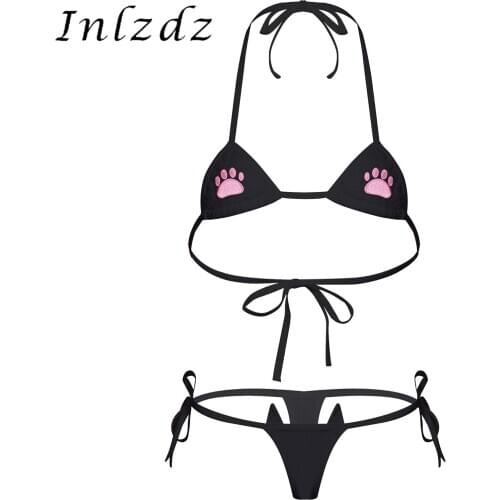 Women Lingerie Sheer Underwear Set Sexy Mini Bikini Suit Ladies Swimwear Halter Neck Lace-up Hot Bra with G-string Thong Briefs
