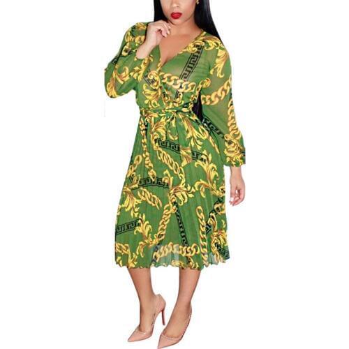 Top Quantity Sexy V Neck Women Elegant Floral Chiffon Dress See Through Long Sleeve Ties Waist Casual Dresses Plus Size XXL