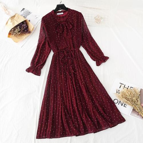Polka dot elegant women dress casual Flare sleeve long party dress bow Dot print Pleated chiffon dresses vintage vestido