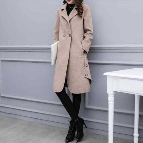 Winter Cashmere Womens Coat Turn-Down Collar Long Sleeve Cardigan Button Loose Solid Asymmetrical Fashion Office Lady Coat