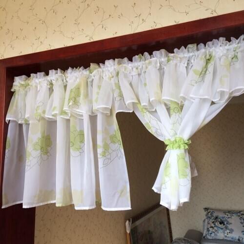 1pcs Pastoral Style Half Curtain Tube Curtain With Green Red Printed Flowers Valance For Kitchen Cafe Window Height Customized