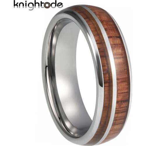 8mm Silvery Tungsten Wedding Band 2 Grooves Rose Wood Inlay For Men Women Engagement Anniversary Rings Dome Polishing Finish