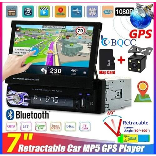 1 DIN Stereo Car Radio MP4 GPS Navigation Double Screen HD 7 inch Retractable Touch Monitor Bluetooth SD USB Charger