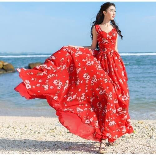Free Shipping Boshow 2020 New Fashion Summer Women Flower Print Chiffon Red One-piece Long Maxi V-neck High Waist Dresses S-XL