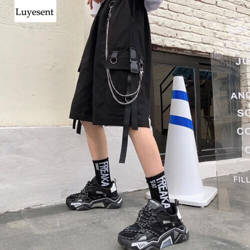 Black Army Green Woman Cool Cargo Pants 2021 Lady Chains Pocket Plastic Buckle Knee Length Ulzzang Punk Trousers Street Summer