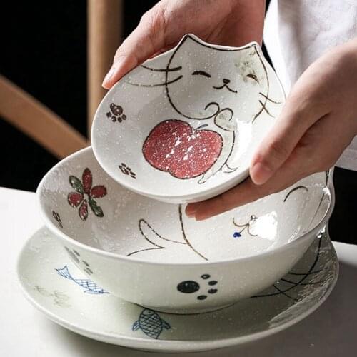 Home Hand Painted Cartoon Plates Set Ceramic Tableware Cat Dishes Series Set Fish Plate Small Platos Restaurant Kitchen Utensils