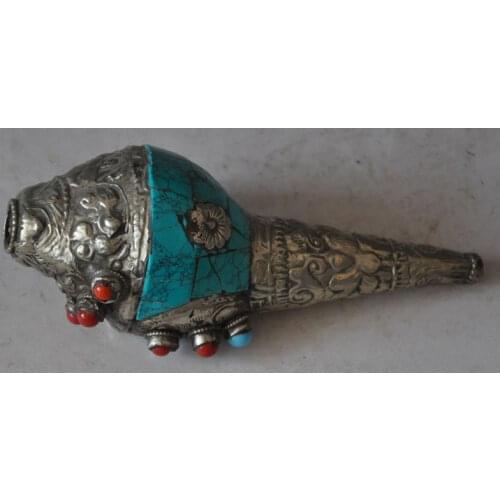 Chinese Tibetan Buddhism copper inlaid gems conch shells clear loud horn