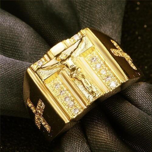 Jesus Cross Carved Cubic Zirconia Inlaid Ring Unisex Jewelry Gift