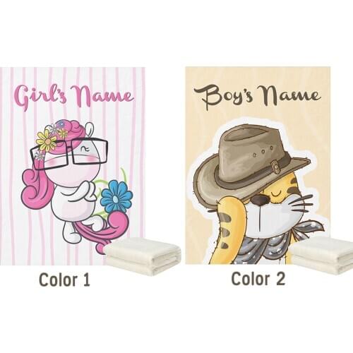 LVYZIHO Customized Name Little Tiger With Cowboy Hat And Cute Unicorn Baby Boy / Girl Fleece Blanket - 30x40/48x60/60x80 Inches