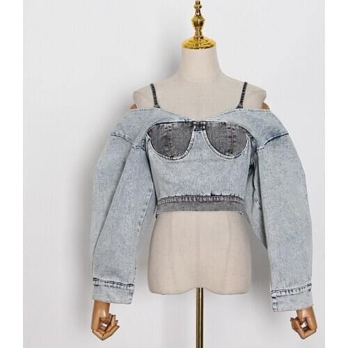 Fashion sexy off the shoulder long sleeve crop top sexy backless short denim tops for women