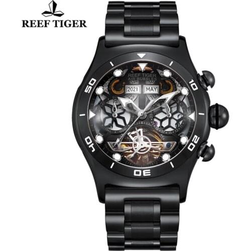 Reef Tiger/RT Brand Sport Watch For Men Skeleton Automatic Watch Luminous Year Month Date Day All Black Steel Bracelet Watches