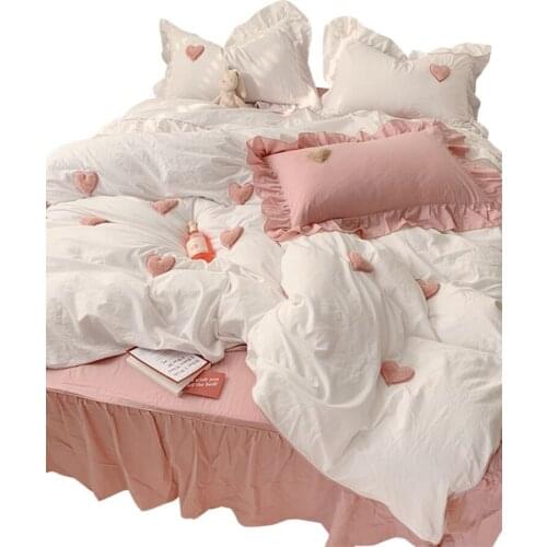 All Cotton Washed Cotton Four-Piece Three-Dimensional Love Embroidered Quilt Princess Style Bare Sleeping Pure Cotton Bedding