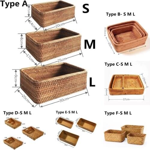 Hand-Woven Rectangular Rattan Wicker Basket Fruit Cosmetic Storage Box Tea Snack Bread Picnic Kitchen Supplies Household Tools