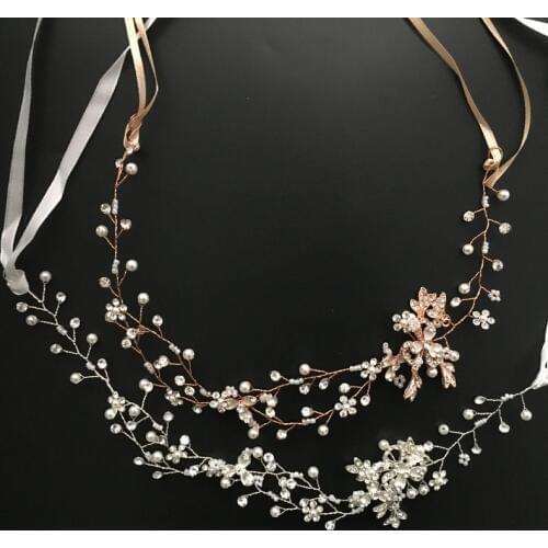 SLBRIDAL Rose Gold Crystal Rhinestone Pearls Wedding Hair accessories Hair Vine Hairband Bridal Headband Bridesmaids Jewelry