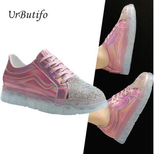 UrButifo Sneakers Women Glitter Bling Flats Shoes Luxury Round Toe Streetwear Leather Casual Shoes Lace-Up tenis feminino