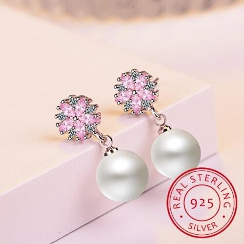 Trendy Temperament Flower Gemstones Ear drops Silver 925 Jewelry Pearl Earrings for Women Cherry blossoms Dating Gift