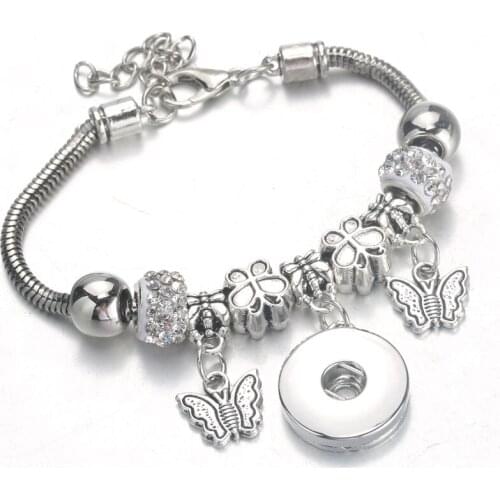 New Butterfly 5 Colors Snap Bracelet Lobster Buckle Snake Chain Bangles Beaded bracelet Fit 18MM Snap Jewelry Women 0007