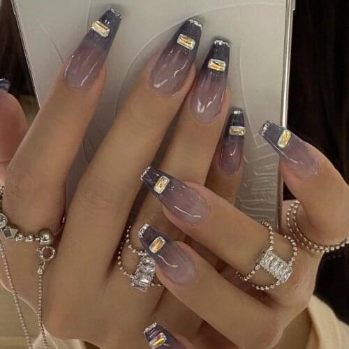 24pcs Dark style 3D Rhinestone Inlaid Fake Nails With Glue Temovable Long Paragraph Fashion Manicure Fully Covered Nail Decor