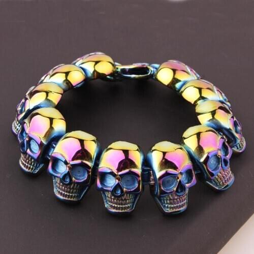 Skull Bracelet Big Skeleton Bones Statement Punk Jewelry Colorful Stainless Steel Halloween Gift Gothic Bracelets Men