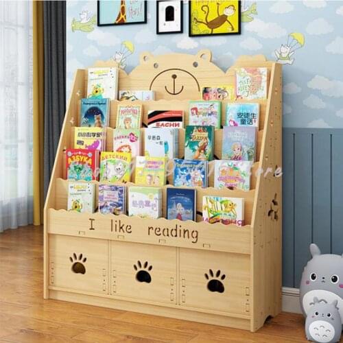 Solid Wood Childrens Bookshelf Economical Storage Racks Kindergarten Floor Bookcase Simple Cartoon Picture Book Rack