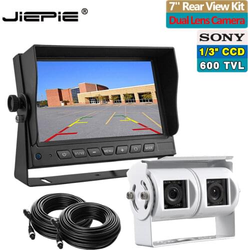 JIEPIE Dual Lens Reversing Camera with 7 Inch RearView Monitor Twin Camera Rear View Reversing Kit for RV, Motorhome, Truck, Bus
