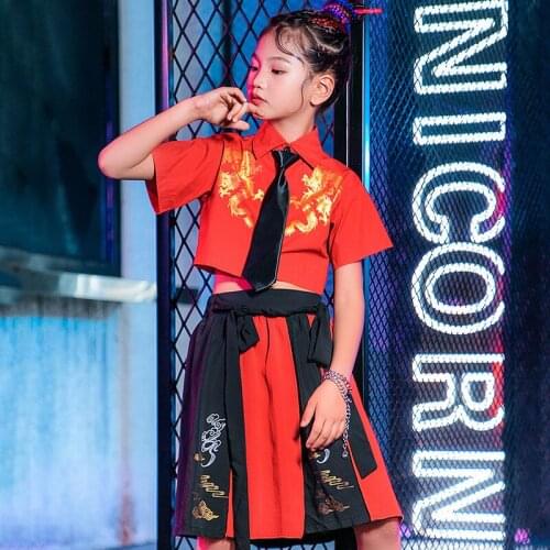 Hip Hop Dance Costume Red Girl Sets Chinese Style Cheerleader Uniform Stage Costume Summer Dancer Outfits Jazz Dancewear DL8220