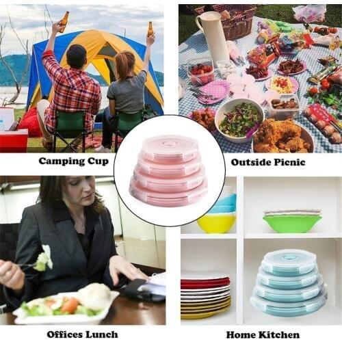 Round Silicone Folding Portable Bento Box Collapsible Lunch Box for kid Food Dinnerware Microwave Food Storage Container