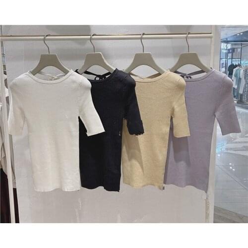 Kuzuwata Sexy Open Back Slim Fit Knit T Shirt Women O Neck Pullover Short Sleeve Tees Summer 2021 New Multicolor Lady Top