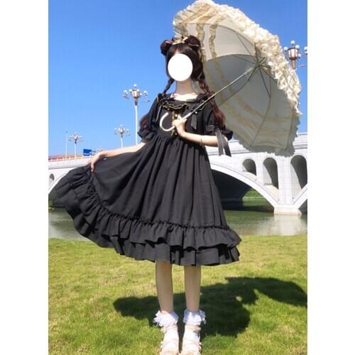 Summer kawaii lolita daily dark retro soft girl bowknot high waist lotus leaf big swing girl kawaii dress victorian lolita dress